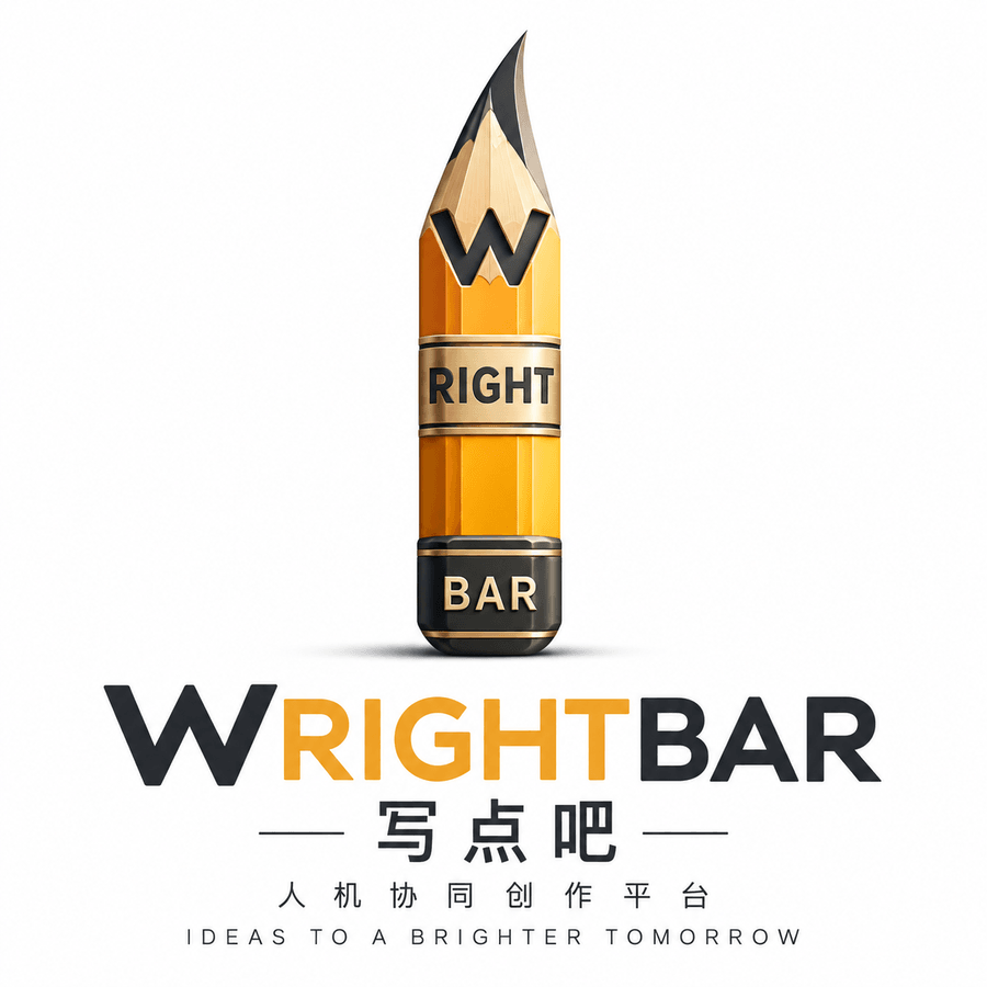 The WRIGHTBAR mark: an upright yellow pencil whose tip is sharpened almost to a blade. A letter W sits near the tip, the word RIGHT runs horizontally across a gold band on the barrel, and BAR is set into the dark ferrule at the base. Below the pencil, the WRIGHTBAR wordmark and the Chinese name 写点吧.